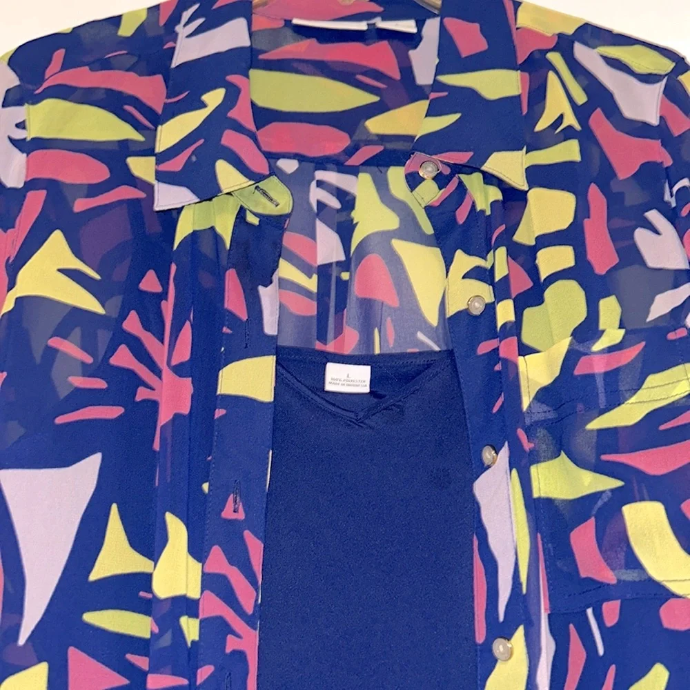 Liz Claiborne Button Up Sheer Abstract Cami Set L NWT Colorful Artsy Neon Bold